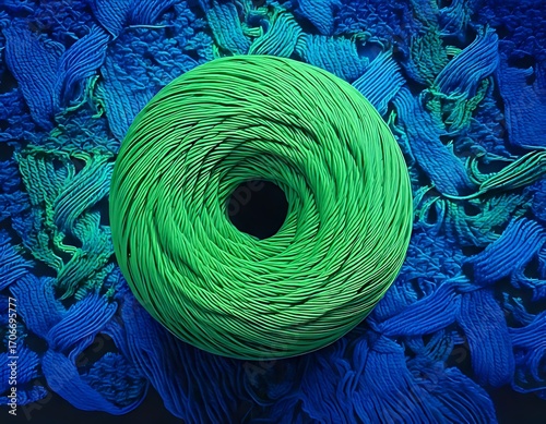Vibrant green circle amidst dark blue brushstrokes