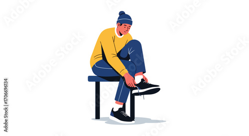 Illustration of a seated man tying his shoelaces, preparing for a workout or casual outing with a focus on minimalist design aesthetics