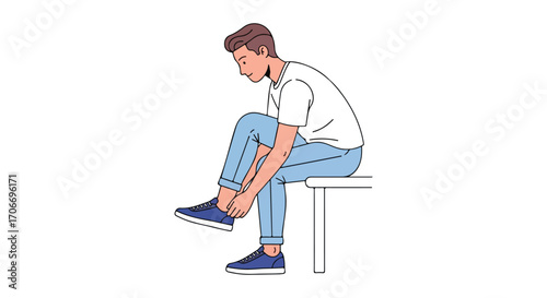 Young man sitting on a bench, adjusting his sneaker laces, illustrating a focused routine in a minimalist style drawing, isolated over white space