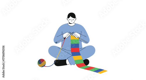 Man knitting a vibrant striped scarf while sitting cross-legged illustration portrays a relaxing and creative scene in a minimalist style art