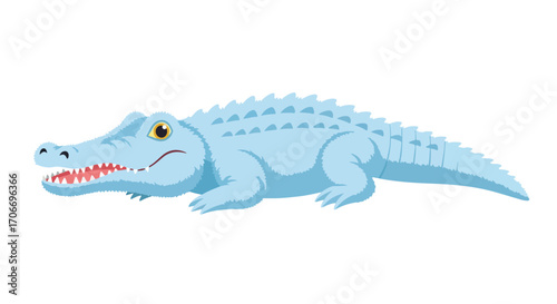 Delightful light blue cartoon crocodile illustration isolated on a plain white background showcasing its features and vibrant colour palette perfect
