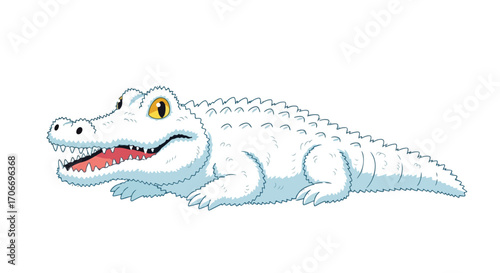 Cartoon Alligator with White Scales and Jagged Teeth Lying on Isolated Background 61 Characters
