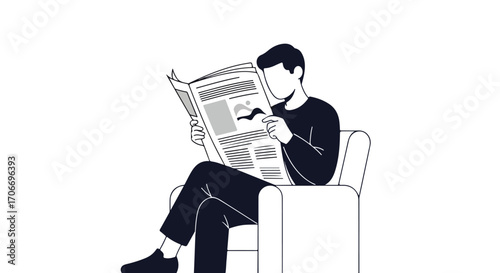 Minimalist illustration of a man relaxing in an armchair while reading a newspaper conveying leisure and tranquility with monochrome palette