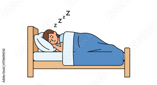 Illustration of a person sleeping peacefully in bed under a blue blanket dreaming sweetly and profoundly in bedroom