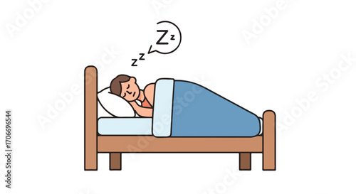 Illustration depicting a man peacefully sleeping soundly in his bed with whimsical "Zzz" sound effects above him as he rests at home