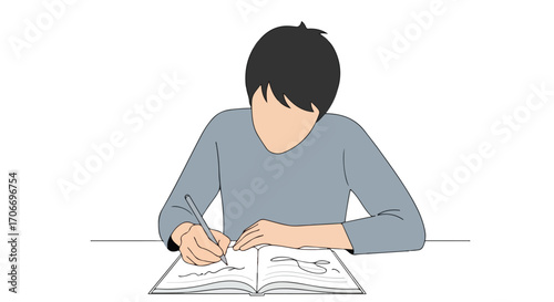 Person writing or drawing in a notebook, illustration, creative process, artistic expression, journaling, brainstorming, studying visualized