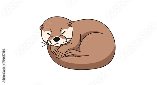 A cozy otter illustration, curled up for a restful nap against a clean white background, showcasing simplicity and tranquility in its design