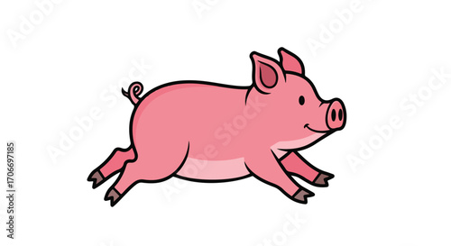 Cheerful cartoon depiction of a pink pig dynamically running with black outlines on a white background depicting lightheartedness and movement
