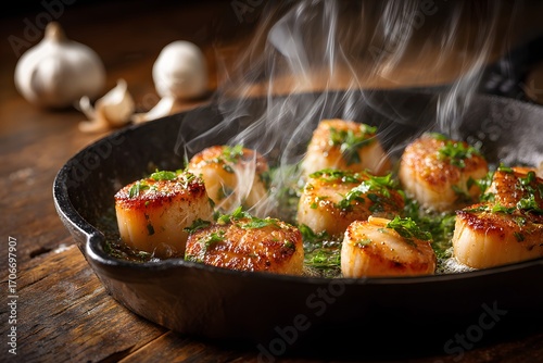 Close-up of golden fried scallops sizzling in skillet.
