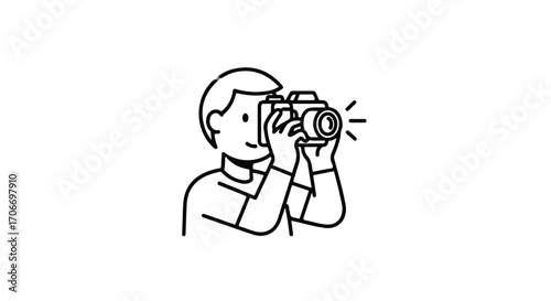 Line art illustration depicting a person holding a camera up to take a picture with flash photography in minimalist style