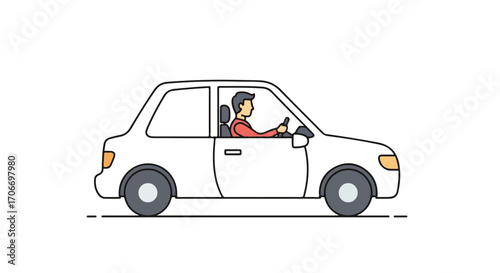 Illustration featuring a person driving a modern compact car with minimalist aesthetic design for transportation concepts