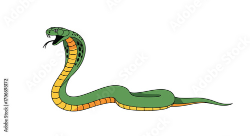 Cartoon cobra snake with raised hood, poised to strike in a stylized illustration against a plain white backdrop, featuring vibrant colors and bold