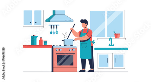 A Vibrant Kitchen Scene: Man Cooking with Passion in a Cozy and Modern Culinary Space that Showcases the Joy of Home Cooking with a Focus on
