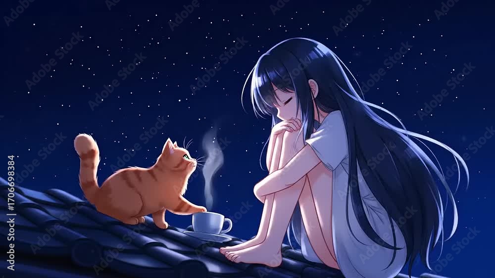 Anime girl and orange tabby cat on a tiled rooftop under a beautiful ...