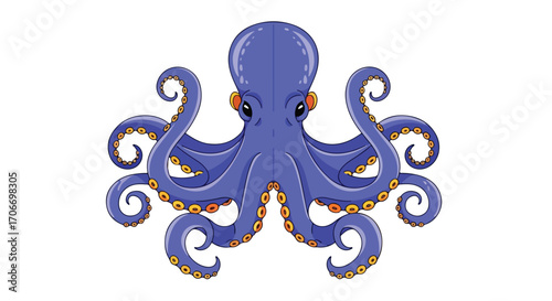 Stylized vector illustration showcasing a blue octopus with swirling tentacles on a white backdrop