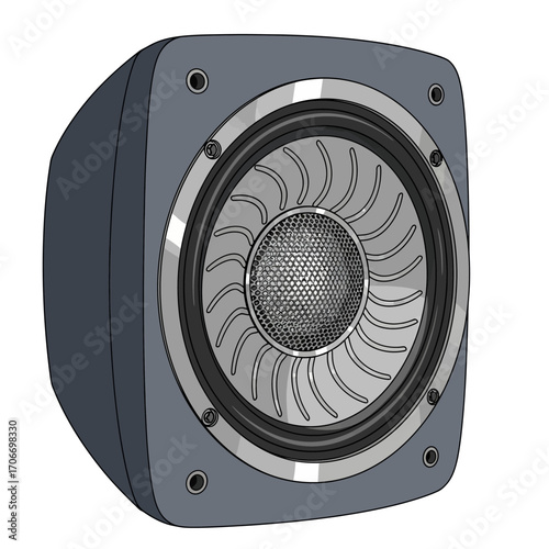 Modern speaker vector with metallic cone and dark casing, symbolizing sound, audio, and music technology.