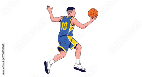Basketball player in action, dribbling with energy and precision, captured in an artistic representation, showing dynamic movement and sportsmanship