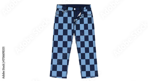 Stylized checkerboard patterned denim trousers in blue hues, modern fashion statement showcasing unique checkered design denim casual wear isolated