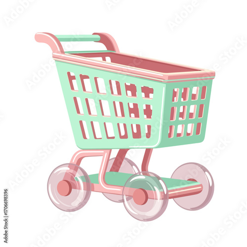 Pastel shopping cart vector in mint and pink, representing retail, consumerism, and modern e-commerce.