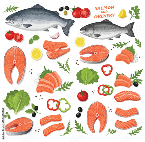 vector illustration of Fresh salmon fish, fillets, steaks, vegetables, herbs, and seasonings arranged beautifully, highlighting healthy cooking and nutrition.