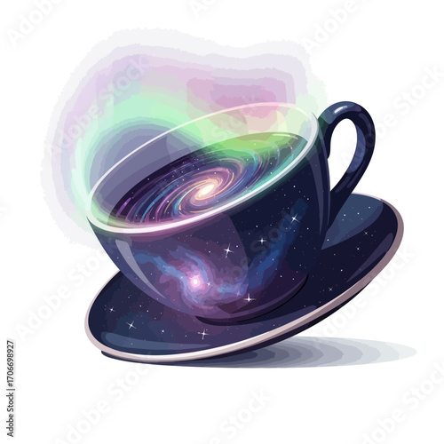 Conceptual artwork of a magical teacup filled with a swirling spiral galaxy, stars, and a vibrant cosmic nebula