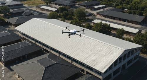 Drone Flies Over Roof of Building