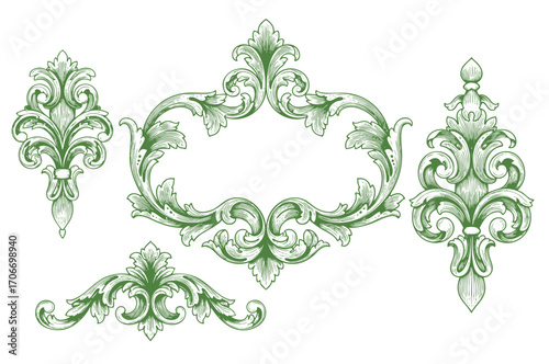 Set of Vintage Baroque Victorian element floral ornament leaf scroll engraved retro flower pattern decorative design. decorative design tattoo black and white filigree calligraphic