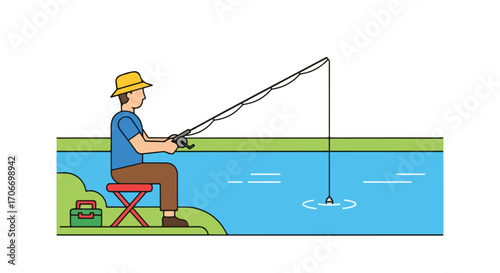 Linear illustration of a man fishing by the water's edge showcasing recreational activity and outdoor pastime highlighting a peaceful and serene