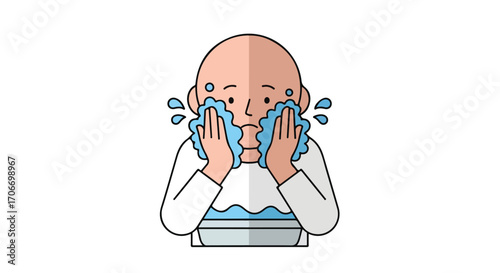 Illustration of a person washing their face in a basin, promoting hygiene and skincare habits for a fresh start daily lifestyle