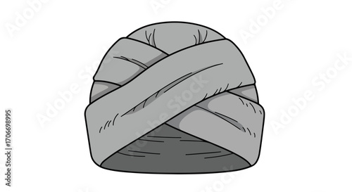 Illustration of a intricately wrapped gray head covering, showcasing layers and subtle shading, on a white background
