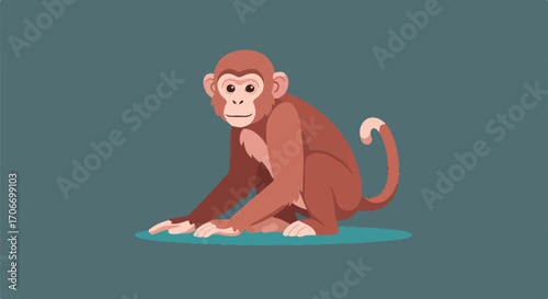 Charming Brown Monkey Sitting Gracefully with Curled Tail Against a Serene Blue-Green Background in a Simplistic Vector Style