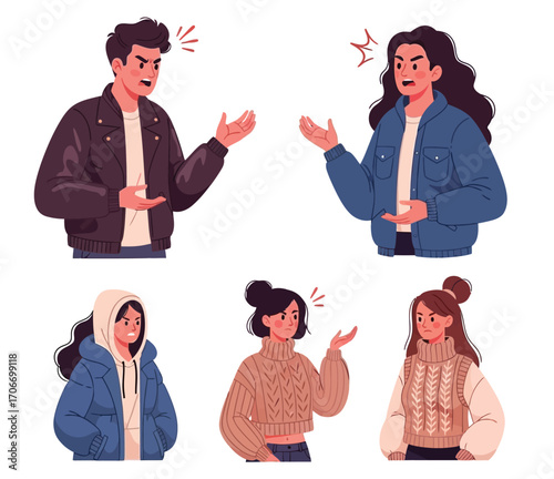 Group of young people arguing and expressing emotions with angry facial expressions, body gestures, casual outfits, and winter clothing.