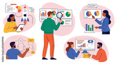 Business people characters working in the office. Co-working space, Business concepts of analytics, planning, marketing research, work communication, goal settings. Flat vector illustrations