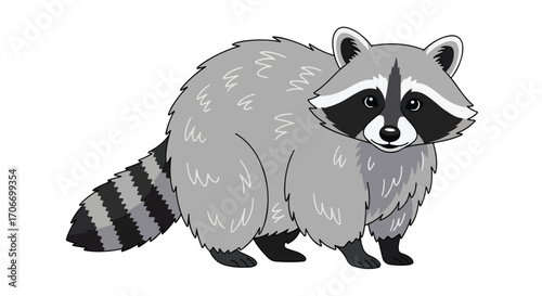 Charming Cartoon Raccoon Illustration with Striking Mask and Bushy Tail on White Background