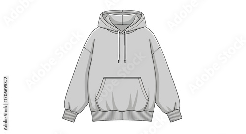 Oversized hooded sweatshirt illustration, gray casual design with ribbed cuffs and a front pocket for fashion and apparel sketching and design