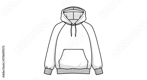Detailed technical drawing of a classic hooded sweatshirt with raglan sleeves and kangaroo pocket showcases design elements and construction at its