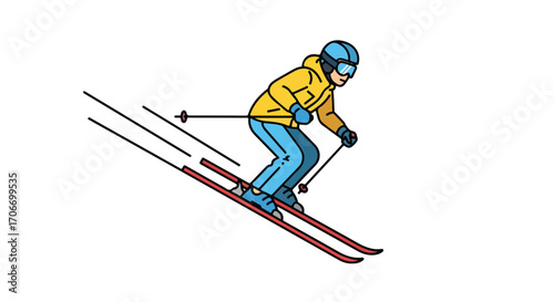 Cartoon illustration of a skier gliding down a slope with motion trails conveying speed and excitement on winter activity