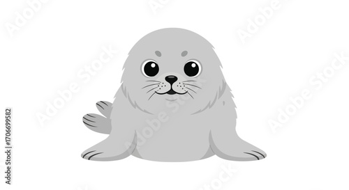 Charming Cartoon Seal Pup Illustration with Expressive Eyes and Soft Gray Fur Design Element Isolated on Pure White Backdrop