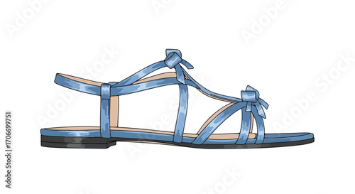 Elegant blue ribbon sandals with delicate straps and subtle shading providing summer sophistication and fashionable flair