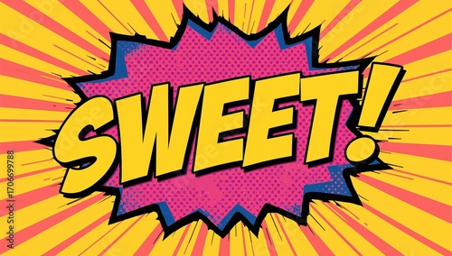 Vibrant retro pop art illustration featuring the expression Sweet! on a dynamic sunburst background with halftone effects