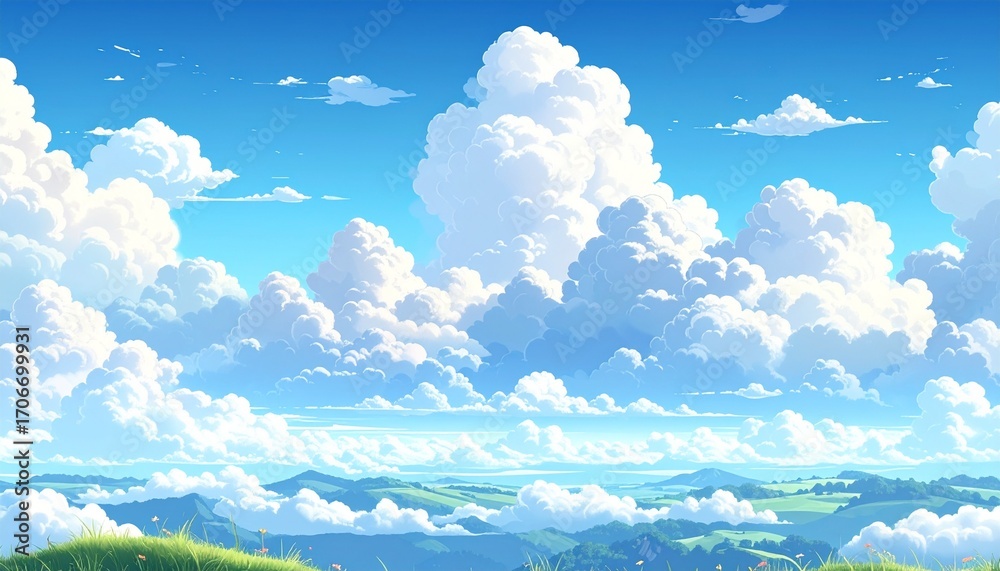 Fototapeta premium Cute white cloud on pastel blue sky bottom border seamless pattern.