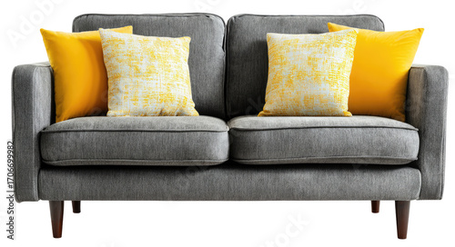 Gray sofa with yellow throw pillows.  A two-seater sofa in a muted gray fabric.  Three throw pillows in yellow/gold; one patterned, the others plain.  Wooden legs.  Front view