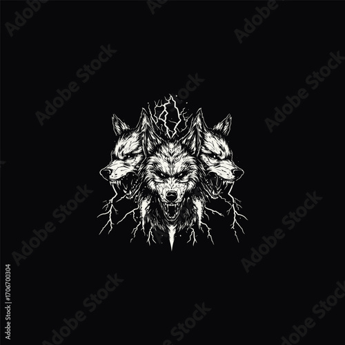 Striking and powerful vector logo illustration featuring three fierce wolf or Cerberus heads vector template