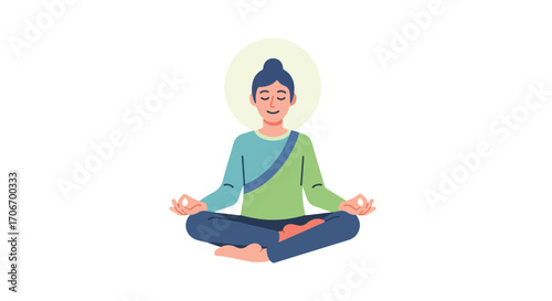 Serene meditation session, person in lotus position with calm expression and radiating halo, finding inner peace through mindfulness and focused