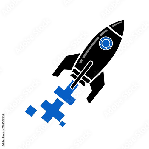 Minimalist black rocket ship launching with a blue pixelated exhaust trail, representing a digital startup, technology innovation, and business growth