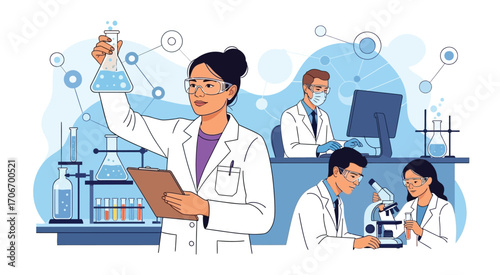 A team of diverse scientists work in a laboratory, conducting experiments and research.