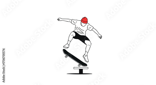 Stylized Skateboarder Doing a Trick with a Red Beanie Hat on a White Background Simple Line Art Illustration