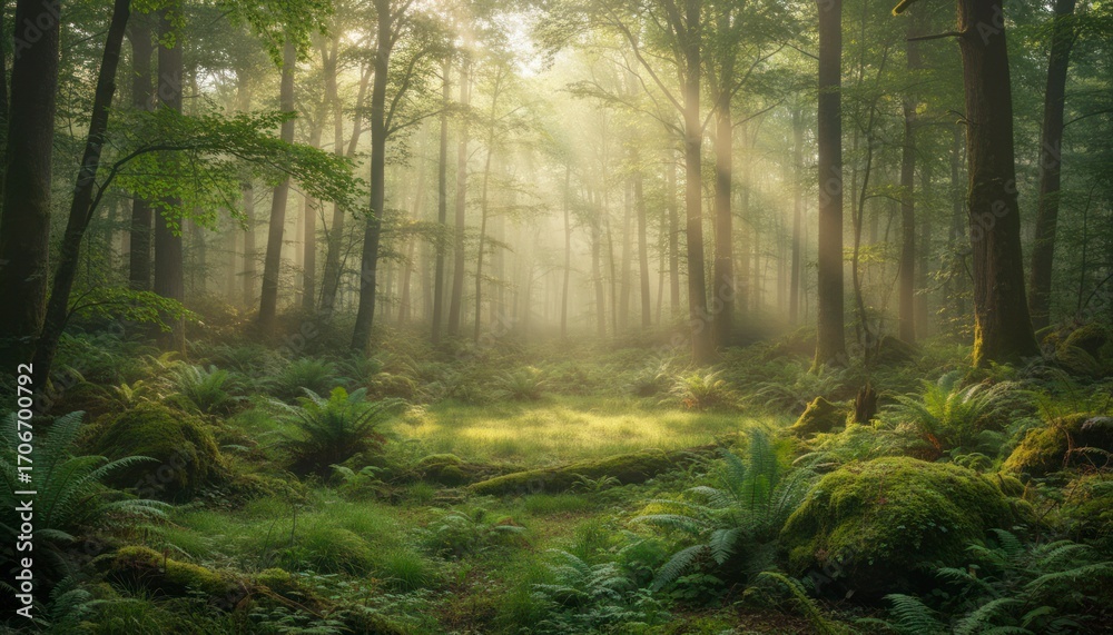 Obraz premium Forest with Sun Rays Shining Through Trees