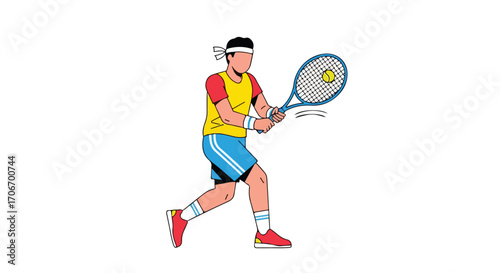 Cartoon illustration depicting a tennis player in dynamic action pose ready to strike the ball powerfully in a match setting