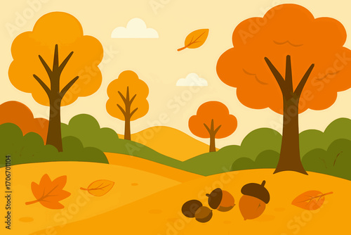 Flat vector illustration of an autumn landscape with hills and trees